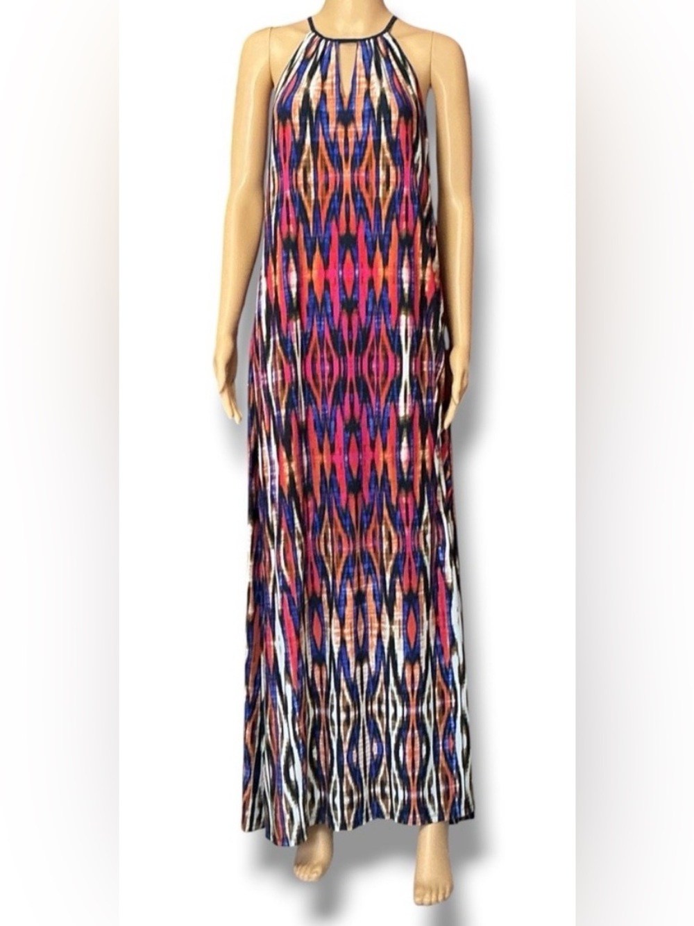 Multicolor Halter-Style Maxi Dress with Bold Geometric Print
